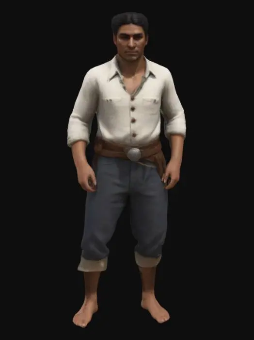 3D model for Create a 1.79m male in symmetrical T-pose, game-ready for Mixamo rigging. Design a DOMINICAN peasant "concho primo ¨from 1800 wearing  Ensure realistic fabric textures and clear fingers/toes positioned .Focus on realistic attire and physique 4K realism with historical accuracy and details from the context of the era. Focus on proportion and authentic military attire. REMEMBER TO CREATE DIFFERENT MODELS ,NAKED AND WITH CLOTHES#realistic#