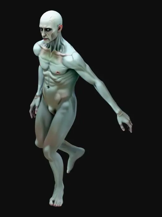 3D model for Une silhouette humaine, mais comme si elle avait été oubliée par la réalité. Les contours de son corps semblent légèrement décalés, jamais parfaitement nets, comme une image mentale mal mémorisée. On distingue un visage, mais il n’est jamais possible de le décrire après l’avoir vu : les traits glissent de la mémoire dès qu’on détourne les yeux. On ne retient qu’une impression de vide, comme si le visage n’avait pas été conçu pour être regardé