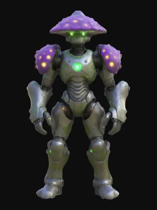 3D model for A low-poly cartoon Fungal Tech Guardian power armor suit, metallic body with purple-green fungal plating, glowing spore vents on the shoulders, mechanical arms and legs with mushroom-cap plating, chest with a bioluminescent spore core, rounded ends for joints, highest quality, 4K, whimsical


