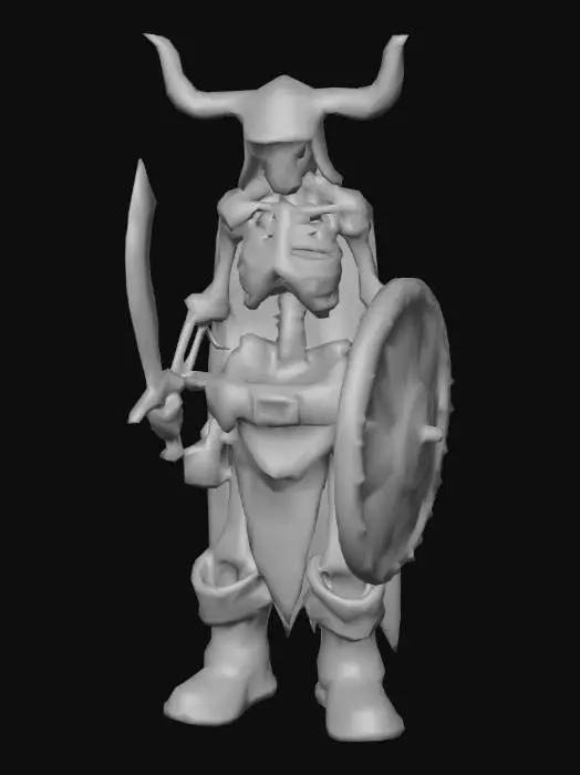 3D model for A living skeleton with glowing red eyes, wielding a cutlass and shield, wearing a loin cloth held up by a large cowboy belt buckle and light leather armor over his shoulders. Wearing slightly oversized brown Ugg boots and Viking helmet with horns. Give him pirate vibes!