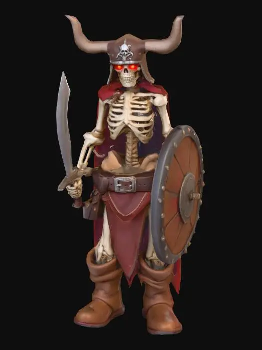 3D model for A living skeleton with glowing red eyes, wielding a cutlass and shield, wearing a loin cloth held up by a large cowboy belt buckle and light leather armor over his shoulders. Wearing slightly oversized brown Ugg boots and Viking helmet with horns. Give him pirate vibes!