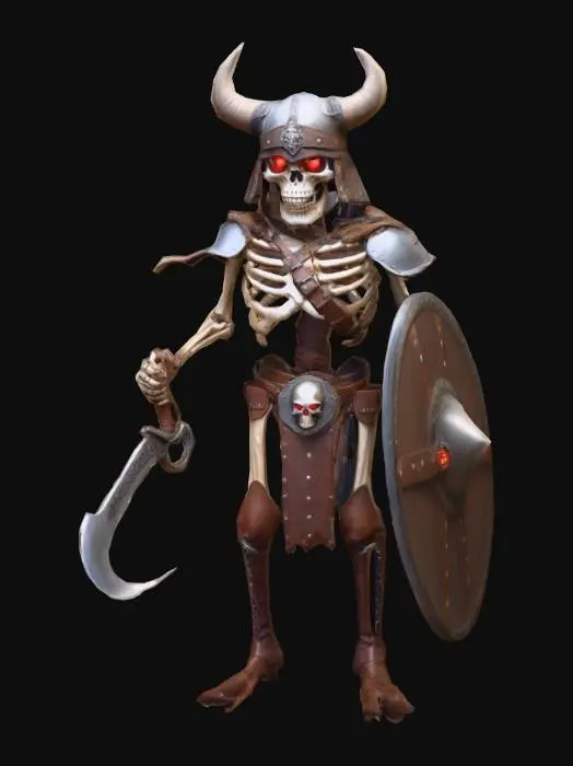 3D model for A living skeleton with glowing red eyes, wielding a cutlass and shield, wearing a loin cloth held up by a large cowboy belt buckle and light leather armor over his shoulders. Wearing slightly oversized brown Ugg boots and Viking helmet with horns. Give him pirate vibes!