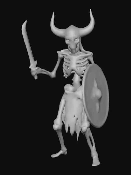 3D model for A living skeleton with glowing red eyes, wielding a cutlass and shield, wearing a loin cloth held up by a large cowboy belt buckle and light leather armor over his shoulders. Wearing slightly oversized brown Ugg boots and Viking helmet with horns. Give him pirate vibes!