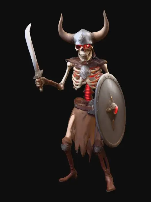 3D model for A living skeleton with glowing red eyes, wielding a cutlass and shield, wearing a loin cloth held up by a large cowboy belt buckle and light leather armor over his shoulders. Wearing slightly oversized brown Ugg boots and Viking helmet with horns. Give him pirate vibes!