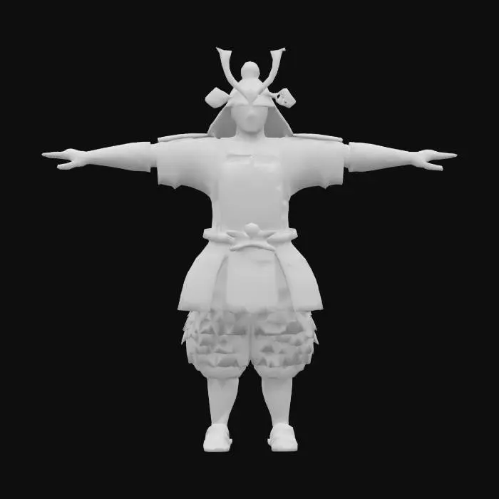 3D model for Realistic or stylized 3D samurai warrior character standing in a neutral pose, wearing traditional Edo-period armor with layered lacquered plates, shoulder guards, and a kabuto helmet. The armor should be dark-colored (black, navy, or dark red) with subtle gold or bronze accents. Without a katana. The model should have a cloth mask or mempo covering the lower face, a topknot hairstyle visible beneath the helmet, and traditional sandals or armored boots. Style can range from realistic PBR to slightly stylized (e.g., Ghost of Tsushima or Sekiro vibe). Ideal for use in a 1v1 duel game, low to mid-poly preferred, clean rigging for sword combat animations, T-POSE MODEL.