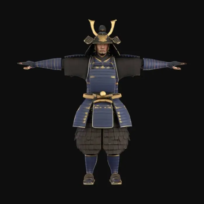 3D model for Realistic or stylized 3D samurai warrior character standing in a neutral pose, wearing traditional Edo-period armor with layered lacquered plates, shoulder guards, and a kabuto helmet. The armor should be dark-colored (black, navy, or dark red) with subtle gold or bronze accents. Without a katana. The model should have a cloth mask or mempo covering the lower face, a topknot hairstyle visible beneath the helmet, and traditional sandals or armored boots. Style can range from realistic PBR to slightly stylized (e.g., Ghost of Tsushima or Sekiro vibe). Ideal for use in a 1v1 duel game, low to mid-poly preferred, clean rigging for sword combat animations, T-POSE MODEL.