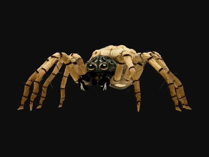3D model for A fearsome, bulbous spider, inspired by the art style of Hades. Its body is made of thread. Eight long, spidery legs, each made of braided threads, end in sharp, needle-like points. Multiple small, shriveled eyes are scattered across its head. It has a gaping mouth. The overall texture is a mix of coarse linen, and dried, brittle threads, with a pale, sepia color palette. The style is dark, stylized, and high-contrast, with a focus on dramatic silhouettes and intricate details.