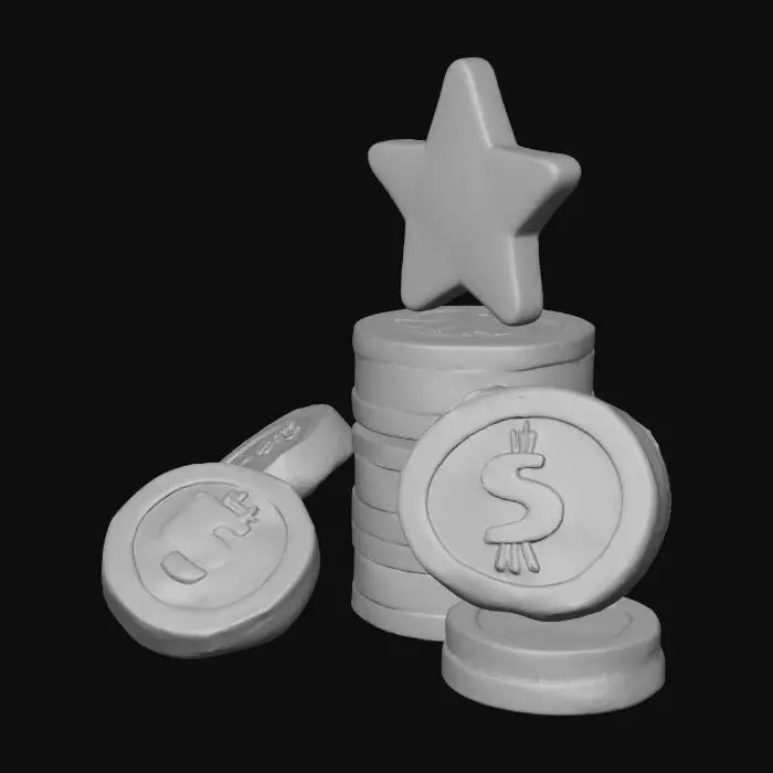 3D model for Stylized low-poly stack of shiny gold coins, with a large carved star symbol on the top coin. Game asset, cartoon style.