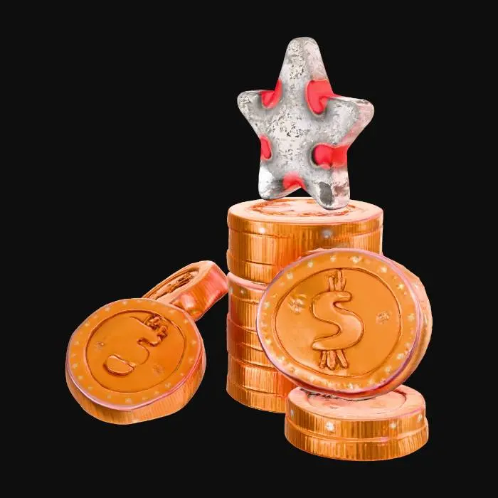 3D model for Stylized low-poly stack of shiny gold coins, with a large carved star symbol on the top coin. Game asset, cartoon style.