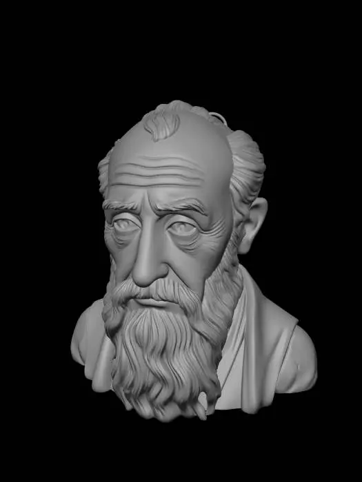 3D model for Hyper-realistic portrait of Saint Nicholas the Wonderworker, elderly Orthodox bishop, ascetic and noble facial features, harmonious facial proportions, high and broad forehead, partially bald head with thin white-gray hair on the sides, large slightly deep-set eyes full of wisdom and compassion, pronounced cheekbones, long thin nose, calm and intelligent expression, naturally aged skin with subtle wrinkles, medium-length white beard slightly parted, spiritual and dignified presence, lean face, gentle but penetrating gaze, realistic human anatomy, cinematic soft lighting, ultra detailed skin texture, realistic eyes, photorealistic, 8k detail, dark neutral background, historical Eastern Roman appearance, humble and holy character, highly realistic portrait photography style