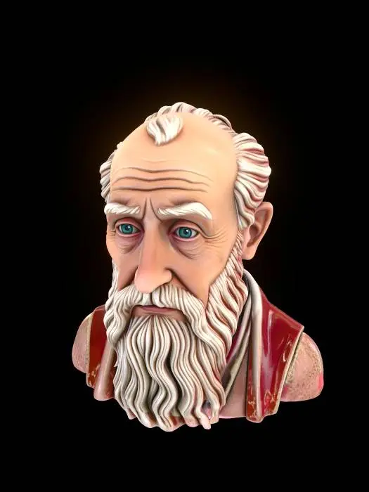 3D model for Hyper-realistic portrait of Saint Nicholas the Wonderworker, elderly Orthodox bishop, ascetic and noble facial features, harmonious facial proportions, high and broad forehead, partially bald head with thin white-gray hair on the sides, large slightly deep-set eyes full of wisdom and compassion, pronounced cheekbones, long thin nose, calm and intelligent expression, naturally aged skin with subtle wrinkles, medium-length white beard slightly parted, spiritual and dignified presence, lean face, gentle but penetrating gaze, realistic human anatomy, cinematic soft lighting, ultra detailed skin texture, realistic eyes, photorealistic, 8k detail, dark neutral background, historical Eastern Roman appearance, humble and holy character, highly realistic portrait photography style