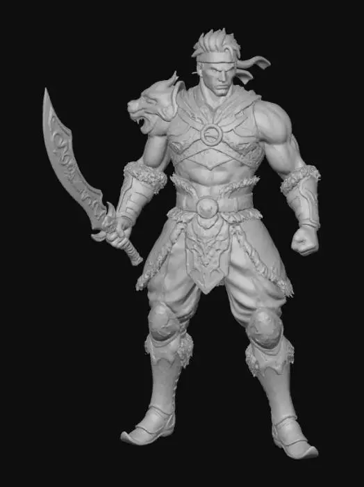 3D model for Guerriero di Metin 2 con la bandana rossa nei capelli, l'armatura della tigre e la spada Luna piena nella mano destra