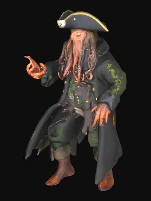3D model for Davy Jones 3D character model — a humanoid sea creature with an octopus beard, crustacean-like claw arm, barnacle-covered skin, and pirate admiral uniform. Long barnacled coat with seaweed and coral textures, asymmetrical tentacles for a beard, tricorn hat fused with shells. Stylized, game-ready topology, medium-poly, realistic proportions, neutral standing pose, no base