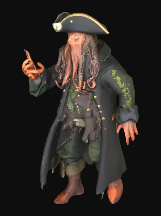 3D model for Davy Jones 3D character model — a humanoid sea creature with an octopus beard, crustacean-like claw arm, barnacle-covered skin, and pirate admiral uniform. Long barnacled coat with seaweed and coral textures, asymmetrical tentacles for a beard, tricorn hat fused with shells. Stylized, game-ready topology, medium-poly, realistic proportions, neutral standing pose, no base
