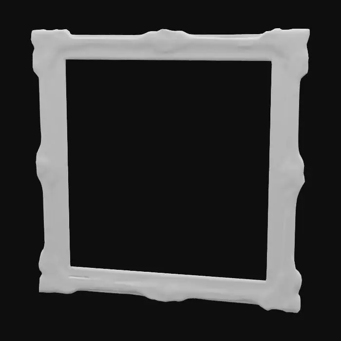 3D model for A minimalistic square painting frame made of matte white marble with subtle gray veining. Features a thin, symmetrical border with clean, modern lines. In each corner, a delicate carved vine pattern with small leaves gracefully curls inward—organic and understated, blending into the marble’s natural texture. Smooth finish, corner-focused decoration adds elegance while maintaining a minimalist aesthetic. Ideal for contemporary art display with a refined natural touch