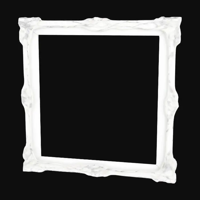 3D model for A minimalistic square painting frame made of matte white marble with subtle gray veining. Features a thin, symmetrical border with clean, modern lines. In each corner, a delicate carved vine pattern with small leaves gracefully curls inward—organic and understated, blending into the marble’s natural texture. Smooth finish, corner-focused decoration adds elegance while maintaining a minimalist aesthetic. Ideal for contemporary art display with a refined natural touch