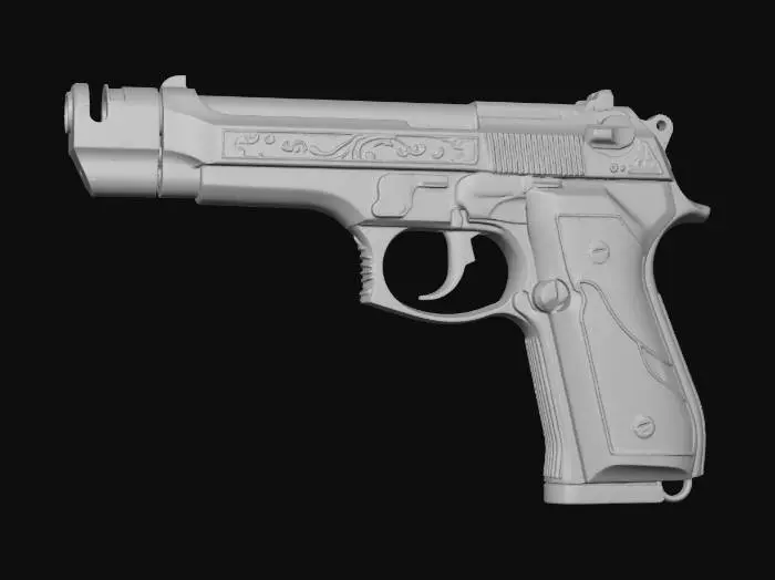 3D model for Anime-style Beretta M9, chrome and gunmetal black, gold accents