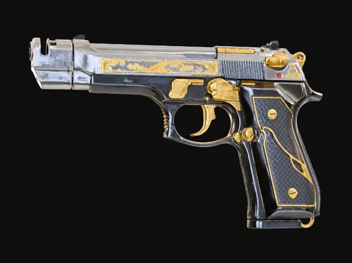 3D model for Anime-style Beretta M9, chrome and gunmetal black, gold accents