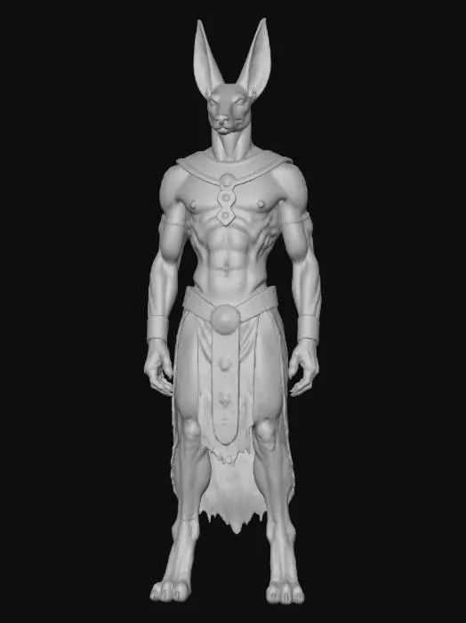3D model for A towering, lean warrior blending human musculature with the predatory grace of a jackal. Standing over seven feet tall, it bears a long, angular snout, tall pointed ears, and glowing amber eyes set in matte obsidian-black hide etched with faint hieroglyphic scars. Its flesh appears like cracked stone, leaking sand or ash when wounded. Ancient bronze-and-gold Egyptian armor is fused to its form—pectoral icons of judgment, ritual bracers, and a tattered war skirt of linen strips. It moves with ceremonial precision, radiating an aura of judgment that deepens shadows and weighs on mortal hearts, embodying death as divine law rather than chaos.