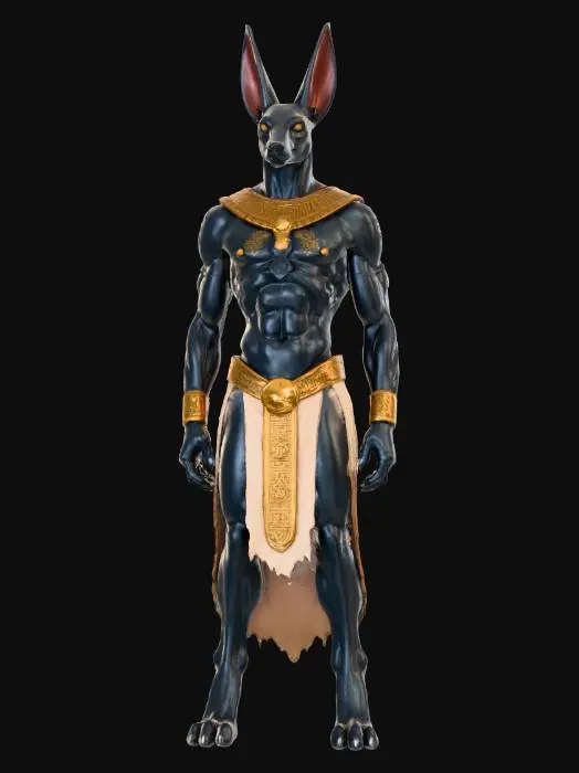 3D model for A towering, lean warrior blending human musculature with the predatory grace of a jackal. Standing over seven feet tall, it bears a long, angular snout, tall pointed ears, and glowing amber eyes set in matte obsidian-black hide etched with faint hieroglyphic scars. Its flesh appears like cracked stone, leaking sand or ash when wounded. Ancient bronze-and-gold Egyptian armor is fused to its form—pectoral icons of judgment, ritual bracers, and a tattered war skirt of linen strips. It moves with ceremonial precision, radiating an aura of judgment that deepens shadows and weighs on mortal hearts, embodying death as divine law rather than chaos.