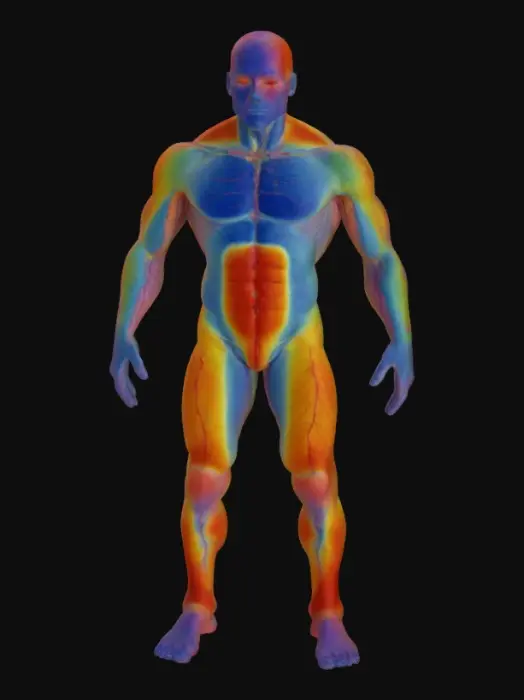 3D model for Human figure with an anatomically accurate shape, a colorful texture representing a thermal map of a human.