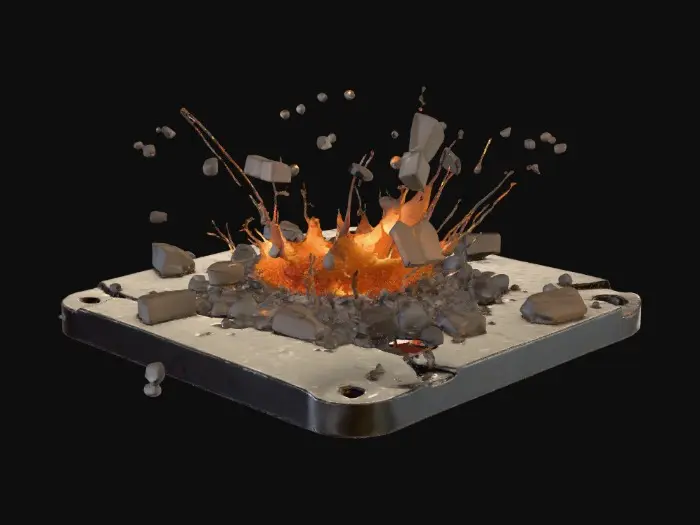 3D model for trou déchiré provenant d'une explosion dans une plaque de metal avec des débris qui saute 