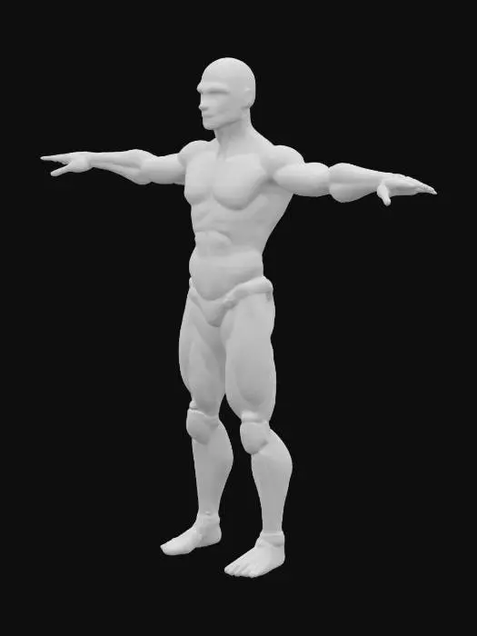 3D model for Create a 2-meter-tall humanoid figure in T-pose. The body is mostly biological, with realistic human skin and muscles. All joints and the neck connection are mechanical, showing visible cables, pistons, and modular parts for easy replacement. The transition between skin and machine should be detailed, with clear seams or embedded sockets. Show light damage on the skin, like small scars or scratches. No clothing. Use a transparent background. Style should be realistic, blending human anatomy with advanced tech. Game Ready Asset and friendly looking, more humand less roboter
, Spielassets, Sehr detailliert, T-Pose