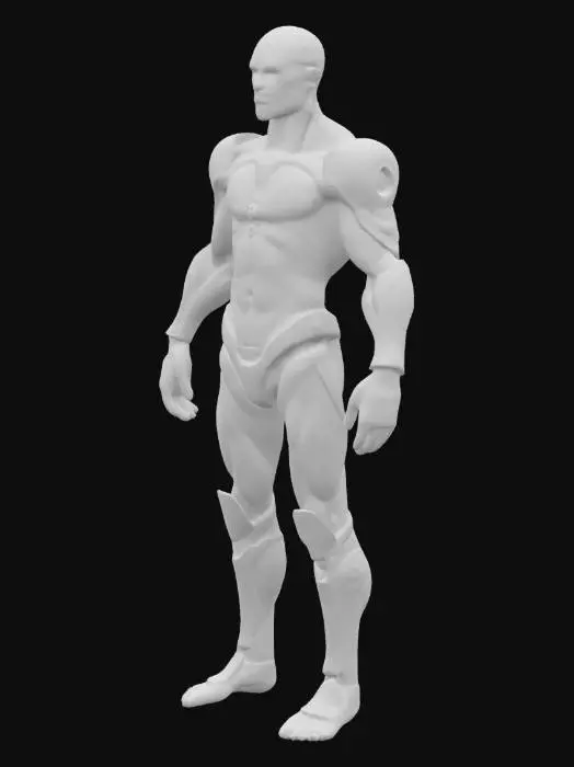 3D model for A realistic human body with natural anatomy and detailed skin texture. All major joints (shoulders, elbows, wrists, hips, knees, and ankles) are replaced with modular mechanical parts in blue and violet metal, designed to look high-tech and replaceable. The connection between the torso and head is mechanical, with visible cybernetic elements. On the back of the head, there is a small chip implant marked with the letter "H". The rest of the body is fully biological, but slightly damaged — with small scars, scratches, or signs of wear. The model should be in a neutral pose (T-pose or relaxed), with a transparent background. Style: semi-realistic, game-ready sci-fi character.