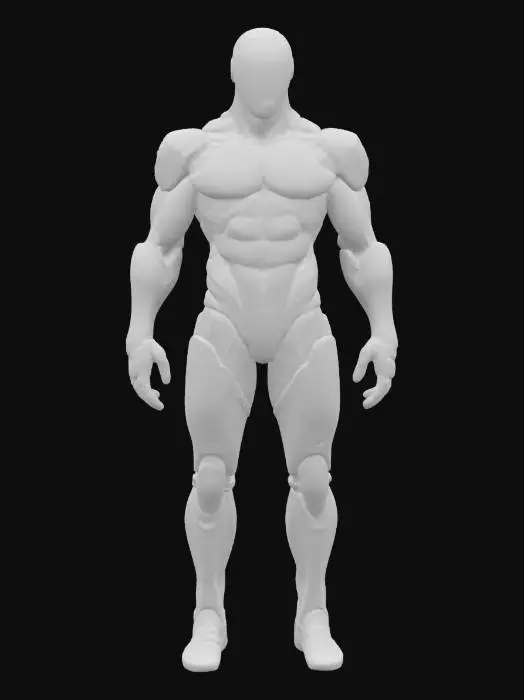 3D model for Create a futuristic male android with a muscular build, featuring matte black and brushed titanium plating with carbon fiber inlays. Textured armor segments enhance depth, with exposed synthetic muscle fibers at joints. A sleek visor glows with an AI interface, while blue-lit neural circuits pulse across his body. Hands have tactile sensors, and kinetic propulsion in the legs boosts agility. A highly detailed, original cybernetic design, free from existing IPs, Steampunk, Sci-Fi, Polished