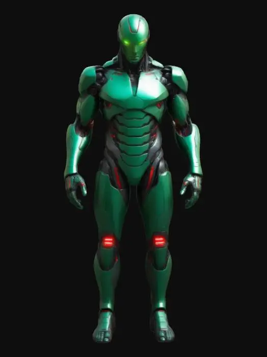 3D model for Create a futuristic male android with a muscular build, featuring matte black and brushed titanium plating with carbon fiber inlays. Textured armor segments enhance depth, with exposed synthetic muscle fibers at joints. A sleek visor glows with an AI interface, while blue-lit neural circuits pulse across his body. Hands have tactile sensors, and kinetic propulsion in the legs boosts agility. A highly detailed, original cybernetic design, free from existing IPs, Steampunk, Sci-Fi, Polished