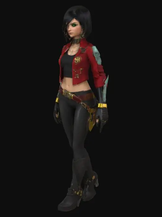 3D model for Quartermaster Vessa Lockspin
Cute female cyborg quartermaster pirate, slim athletic figure, cropped crimson jacket with gold clasps, cybernetic wristbands engraved with tally marks. Silky black bob-cut hair with side bangs, alert emerald eyes. No outfit holes, optimized for low-poly, playful yet stern stance.