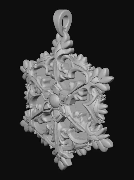3D model for Create a single ornate snowflake-shaped amulet forged from silver and crystal, infused with magical holiday energy. The design should blend fantasy craftsmanship and Christmas elegance with glowing engravings and gem inlays. Static, no particles or movement.