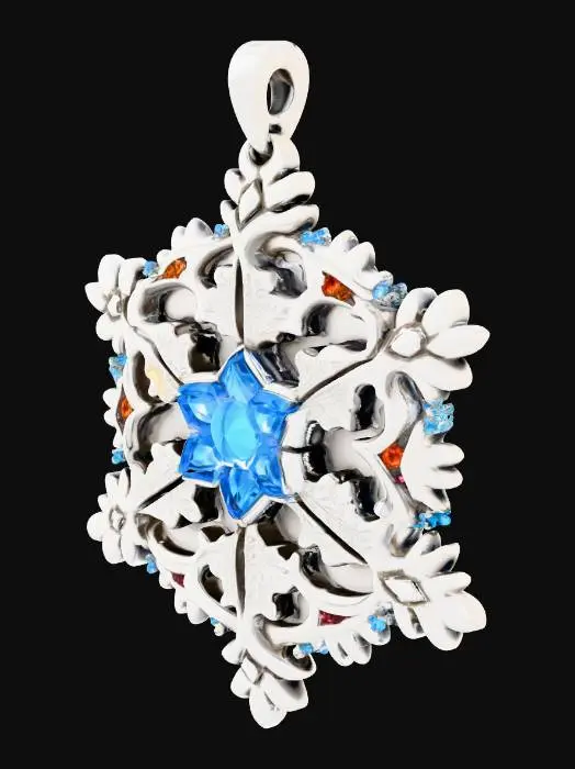 3D model for Create a single ornate snowflake-shaped amulet forged from silver and crystal, infused with magical holiday energy. The design should blend fantasy craftsmanship and Christmas elegance with glowing engravings and gem inlays. Static, no particles or movement.