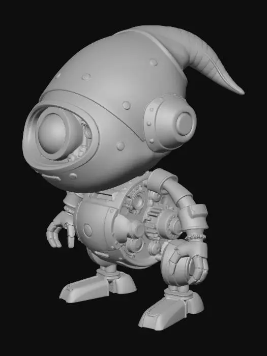 3D model for A stylized mechanical gnome constructed entirely from integrated clockwork parts.
Short stocky proportions with a cylindrical torso and compact limbs.
Perfect bilateral symmetry.

Hard-surface geometry with clean mechanical segmentation.
Low-poly to mid-poly (8k–12k triangles), quad-dominant topology.
No floating gears; all components structurally connected.

Visible internal mechanisms through cut-out panels.
Simplified gear shapes, pistons, and rotating joints.
Head shaped like a rounded housing with a single lens eye.

Single UV set, PBR-ready materials.
Brushed metal and aged brass surfaces with controlled roughness.
No glowing parts, no decals, no text.

Designed for real-time rendering.
Neutral studio lighting.
