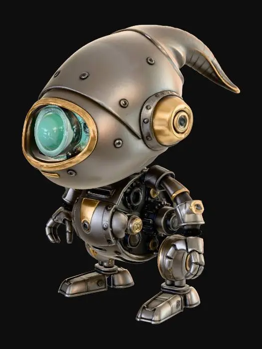3D model for A stylized mechanical gnome constructed entirely from integrated clockwork parts.
Short stocky proportions with a cylindrical torso and compact limbs.
Perfect bilateral symmetry.

Hard-surface geometry with clean mechanical segmentation.
Low-poly to mid-poly (8k–12k triangles), quad-dominant topology.
No floating gears; all components structurally connected.

Visible internal mechanisms through cut-out panels.
Simplified gear shapes, pistons, and rotating joints.
Head shaped like a rounded housing with a single lens eye.

Single UV set, PBR-ready materials.
Brushed metal and aged brass surfaces with controlled roughness.
No glowing parts, no decals, no text.

Designed for real-time rendering.
Neutral studio lighting.