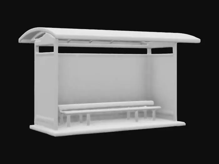3D model for The object is a rectangular bus shelter with a corrugated metal roof, supported by cylindrical posts, featuring benches inside and a weathered, graffiti-covered surface, extremely detailed, high resolution texture