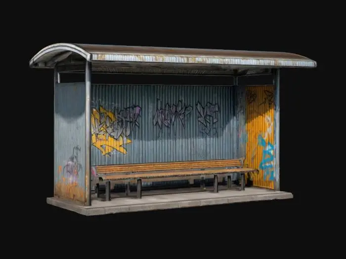 3D model for The object is a rectangular bus shelter with a corrugated metal roof, supported by cylindrical posts, featuring benches inside and a weathered, graffiti-covered surface, extremely detailed, high resolution texture