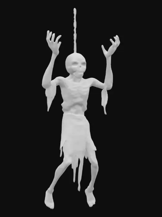 3D model for The object resembles a humanoid figure with a decayed, rough texture and asymmetrical geometry, suspended in a dynamic pose of a spread eagle by ropes, dark torn clothing, rough texture and an eerie, decayed appearance.
