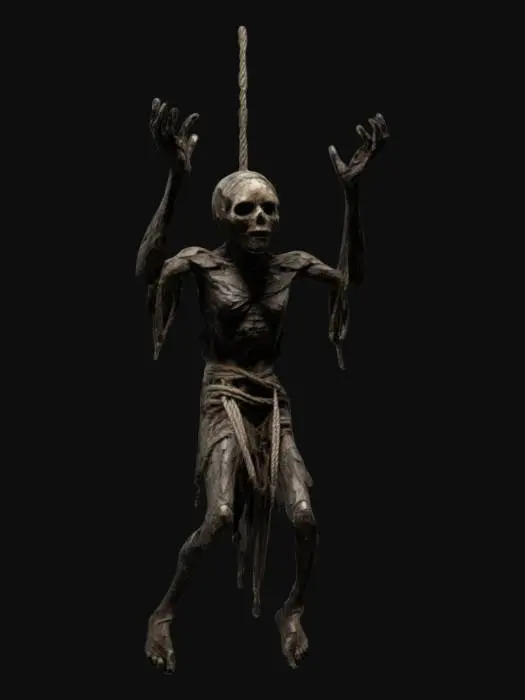 3D model for The object resembles a humanoid figure with a decayed, rough texture and asymmetrical geometry, suspended in a dynamic pose of a spread eagle by ropes, dark torn clothing, rough texture and an eerie, decayed appearance.