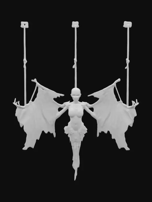 3D model for The object resembles a humanoid figure with a decayed, rough texture and asymmetrical geometry, suspended in a dynamic pose of a spread eagle by ropes, dark torn clothing, rough texture and an eerie, decayed appearance.