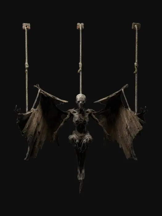 3D model for The object resembles a humanoid figure with a decayed, rough texture and asymmetrical geometry, suspended in a dynamic pose of a spread eagle by ropes, dark torn clothing, rough texture and an eerie, decayed appearance.