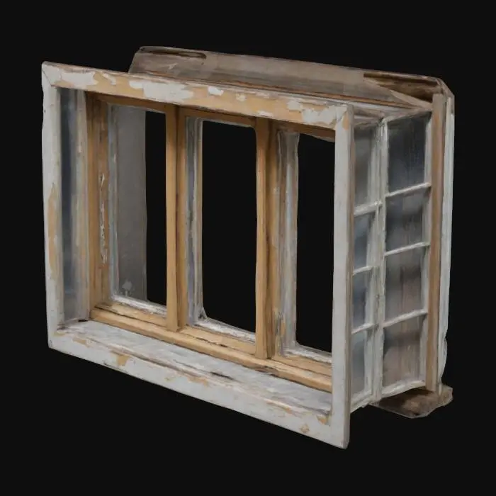 3D model for The object is a rectangular three-leaf window without glass and empty inside, a worn wooden frame with chipped edges, peeling and cracked paint.
