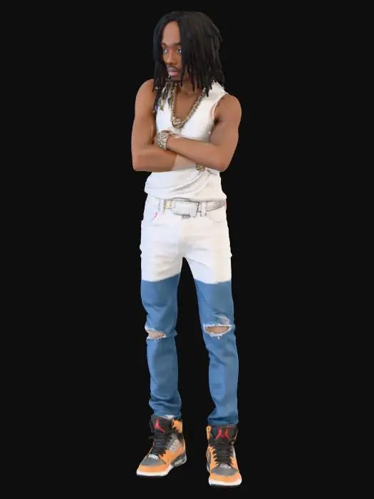 3D model for a black gangster cute new gen dude or you say yn with iced out chains a tank top and dreads with a blue jean pants and jordan 4s and if your can make the rapper named king von