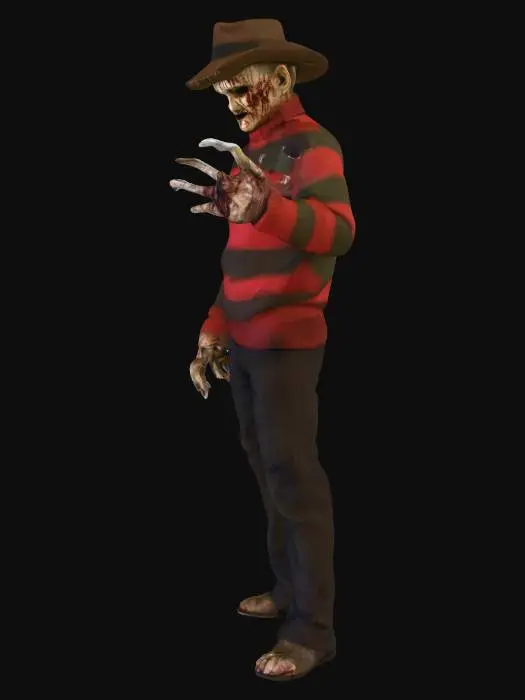 3D model for  child killer who had been burned to death by his victims' parents after evading prison.[2] Krueger goes on to murder his victims in their dreams, causing their deaths in the real world as well. In the dream world, he is a powerful force and seemingly invulnerable. However, whenever Freddy is pulled back into the real world, he has normal human vulnerabilities and can be destroyed.[3] He is commonly identified by his burned, disfigured face, dirty red-and-green-striped sweater and brown fedora, and trademark metal-clawed, brown leather, right hand glove. This glove was the product of Krueger's own imagination, having welded the blades himself before using it to murder many of his victims, both in the real and dream worlds