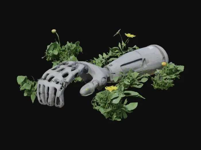 3D model for a grey prosthetic arm laying in the dirt overgrown with weeds