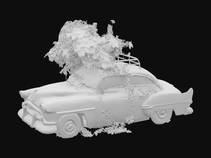 3D model for An abandoned retro red car with a tree growing out of the top. Over run with weeds and dirt and flowers. High definition