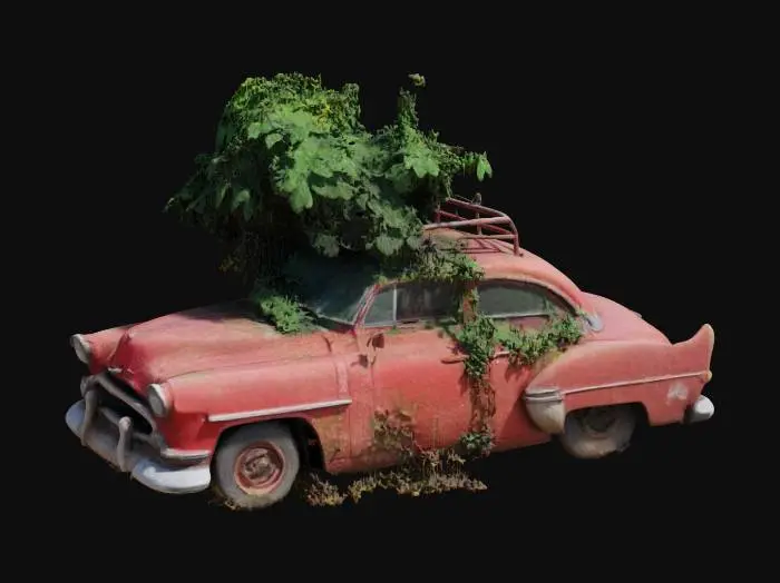 3D model for An abandoned retro red car with a tree growing out of the top. Over run with weeds and dirt and flowers. High definition
