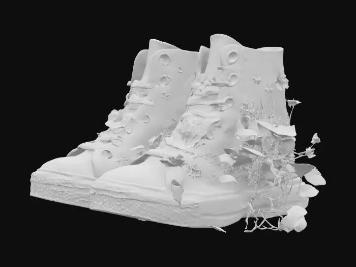 3D model for a pair of high top converse shoes that are red and embroidered with flowers and overgrown with weeds