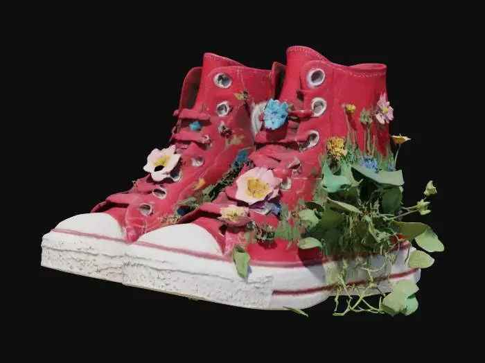 3D model for a pair of high top converse shoes that are red and embroidered with flowers and overgrown with weeds