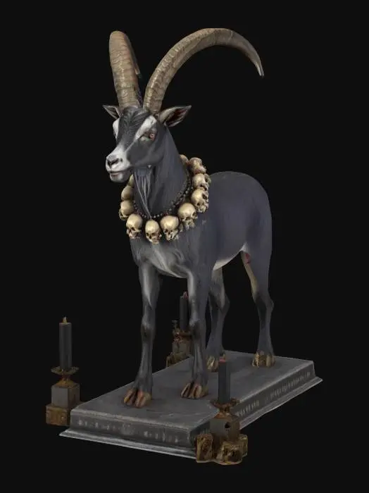 3D model for a satanic goat walking on its heind legs with tall horns and a necklace of small skulls around its  neck. its standing at an altar. realistic high deffiniton